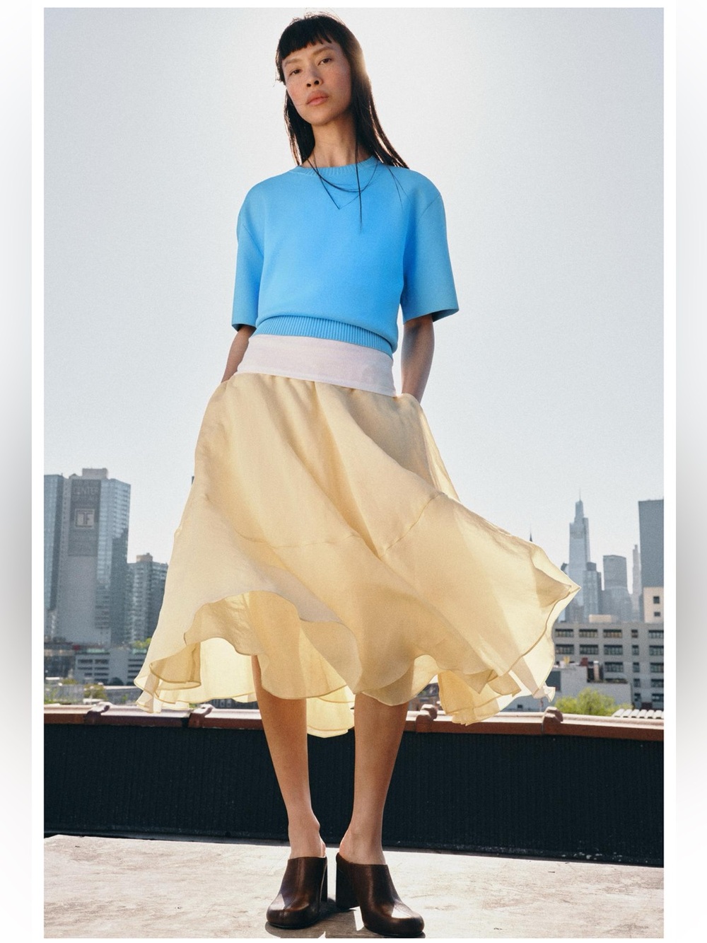 Zara Light Yellow Flowing Midi Skirt size XL NWT